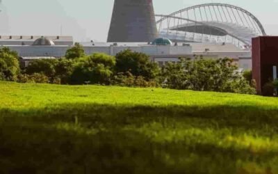 Aspire Park green lawn with Aspire Tower and Khalifa Stadium in the background
